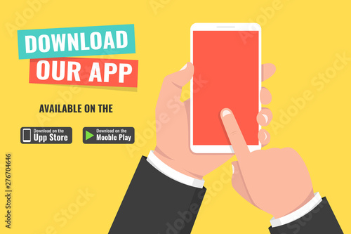 Download page of the mobile app. Hand holding smartphone and touching screen. Vector illustration.