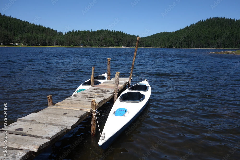 lake, kayak, boat, pier, water, nature, summer, blue, travel, canoe, landscape, sky, mountain, green, tourism, tranquil, park, river, vacation, calm, national, red, outdoors, scenic, view, dock, fores