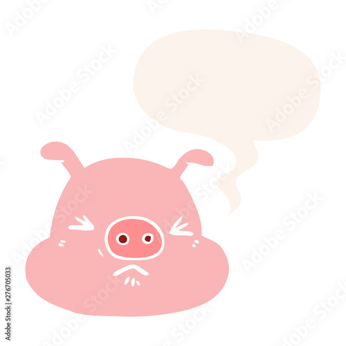 cartoon angry pig face and speech bubble in retro style