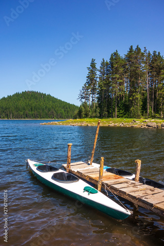 lake, kayak, boat, pier, water, nature, summer, blue, travel, canoe, landscape, sky, mountain, green, tourism, tranquil, park, river, vacation, calm, national, red, outdoors, scenic, view, dock, fores