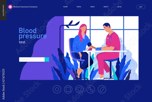 Medical tests Blue - blood pressure test - modern flat vector concept digital illustration of blood pressure measurement procedure - a patient and doctor with a meter, medical office or laboratory