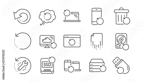 Recovery line icons. Backup, Restore data and recover file. Laptop renew, drive repair and phone recovery icons. Linear set. Vector