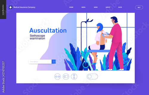 Medical tests Blue template - auscultation -modern flat vector concept digital illustration of stethoscope examination procedure - patient and doctor carrying out procedure, medical office, laboratory
