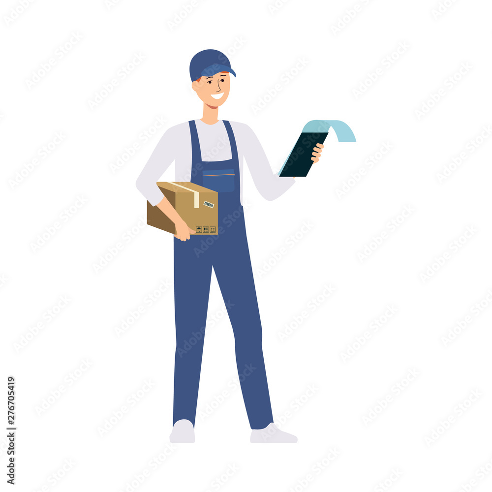 A young caucasian male delivery man delivered a box and stands with a notepad and smiles.