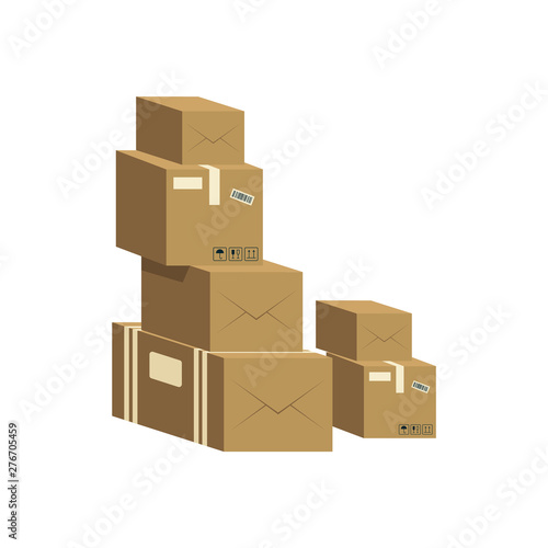A pile of closed brown cardboard boxes.