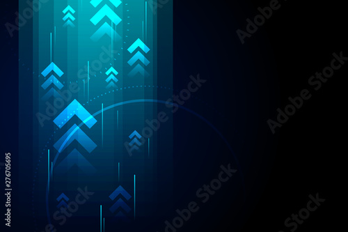 Up arrows and light on blue background illustration, copy space composition, business growth concept.