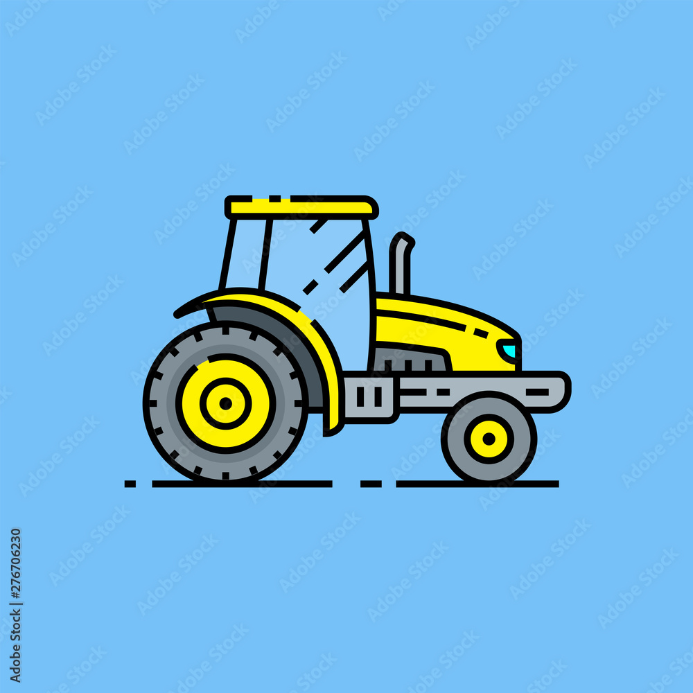 Fototapeta premium Yellow tractor line icon. Yellow farm vehicle symbol isolated on blue background. Agricultural farming machinery graphic. Vector illustration.