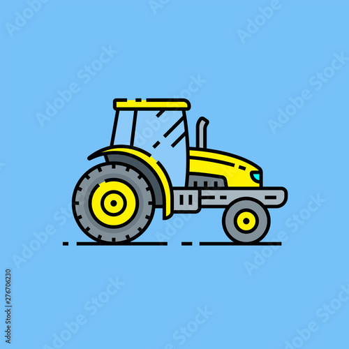 Yellow tractor line icon. Yellow farm vehicle symbol isolated on blue background. Agricultural farming machinery graphic. Vector illustration.
