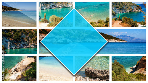 Collage photos Zakynthos Island - Greece, in 16:9 format. A pearl of the Mediterranean with beaches and coasts suitable for unforgettable sea holidays. Xigia beach.