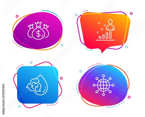 Recycle water, Check investment and Stats icons simple set. International globe sign. Refill aqua, Business report, Business analysis. World networking. Technology set. Vector
