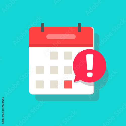 Calendar deadline important notice or event reminder notification vector icon, flat cartoon agenda symbol with selected day and notice message isolated image