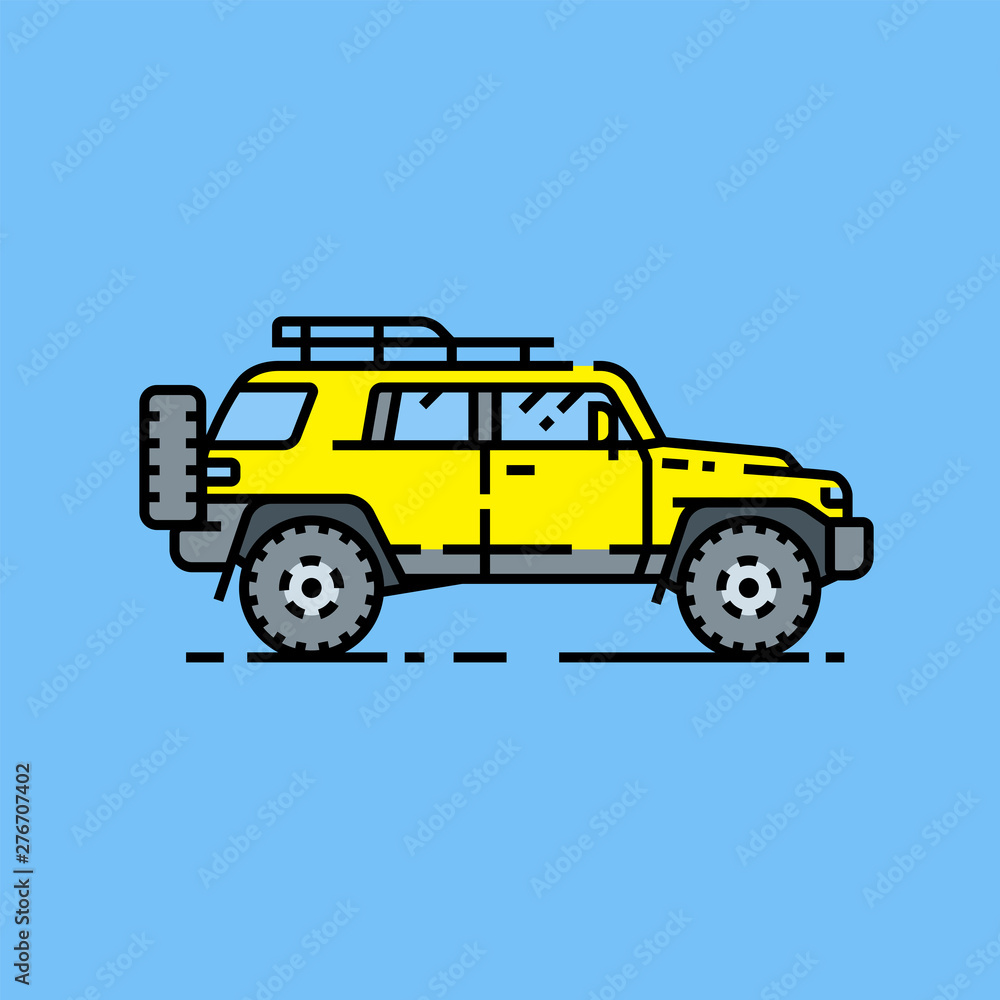 4x4 SUV line icon. Offroad sports utility vehicle symbol. Yellow all-terrain 4wd motor car graphic isolated on blue background. Vector illustration. 4x4 SUV line icon. Offroad sports utility vehicle symbol. Yellow all-terrain 4wd motor car graphic isolated on blue background. Vector illustration.