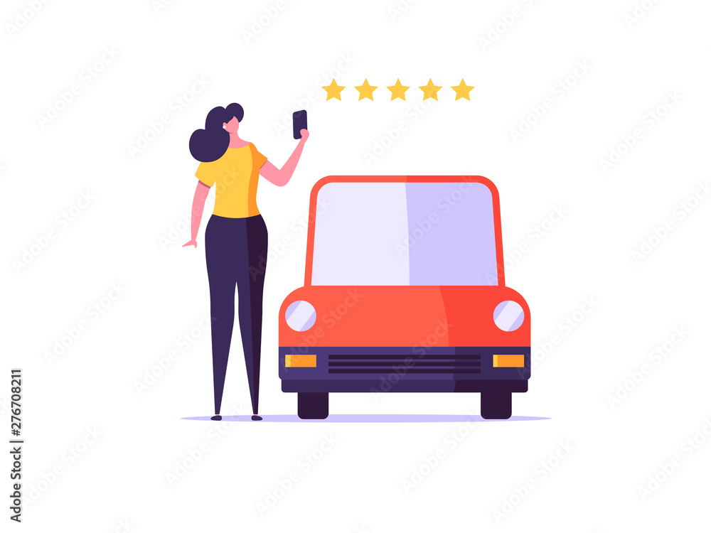 Online car service and car sharing service concept. Modern illustration with automobile and character standing beside phone with gps mark and city map on screen. Online car service and car sharing service concept. Modern illustration with automobile and character standing beside phone with gps mark and city map on screen.