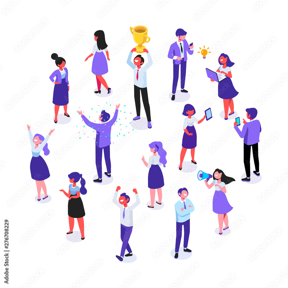 Business team. Isomeric business people vector set. Office life,  Celebration,business success. Flat vector characters isolated on white background.	