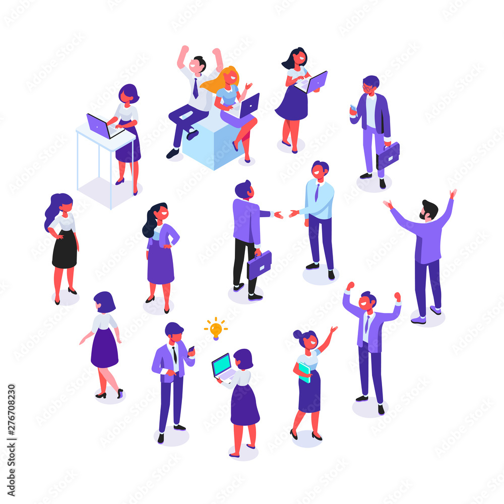 Business team. Isomeric business people vector set. Office life,  Celebration,business success. Flat vector characters isolated on white background.	