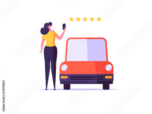 Online car service and car sharing service concept. Modern illustration with automobile and character standing beside phone with gps mark and city map on screen.