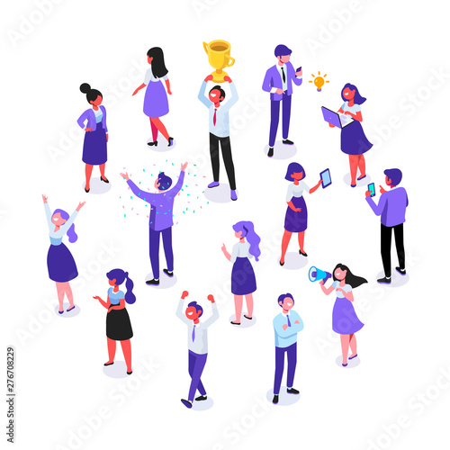 Business team. Isomeric business people vector set. Office life,  Celebration,business success. Flat vector characters isolated on white background.	