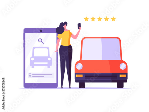 Online car service and car sharing service concept. Modern illustration with automobile and character standing beside phone with gps mark and city map on screen.