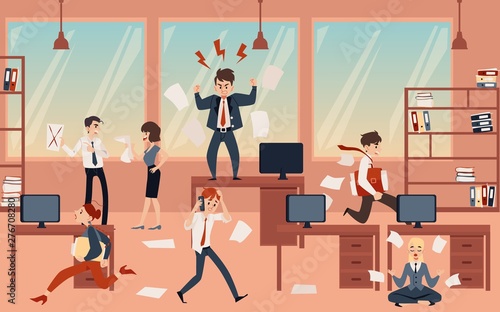 The concept of office chaos in business with the boss, businessmen and employees before deadline.