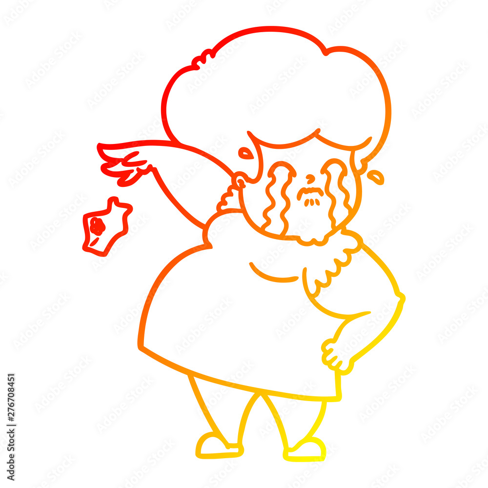Fototapeta premium warm gradient line drawing cartoon crying woman dropping handkerchief