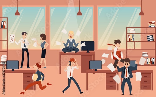 Young blonde woman meditating, keep calm and balance in the office chaos before the deadline.