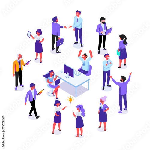 Business team. Isomeric business people vector set. Office life,  Celebration,business success. Flat vector characters isolated on white background.	