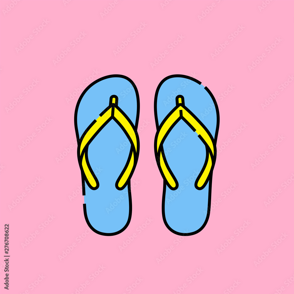 Summer sandals line icon. Blue and yellow beach flip flops isolated on pink background. Travel vacation footwear graphic. Vector illustration. Summer sandals line icon. Blue and yellow beach flip flops isolated on pink background. Travel vacation footwear graphic. Vector illustration.