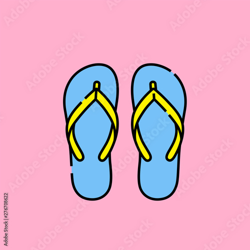 Summer sandals line icon. Blue and yellow beach flip flops isolated on pink background. Travel vacation footwear graphic. Vector illustration.