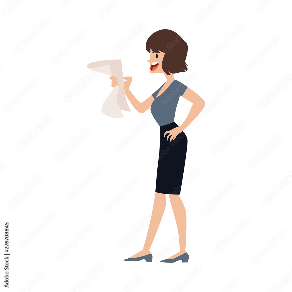 Nervous angry woman is stressful, clutching a document in her hands, cursing and screaming. Nervous angry woman is stressful, clutching a document in her hands, cursing and screaming.