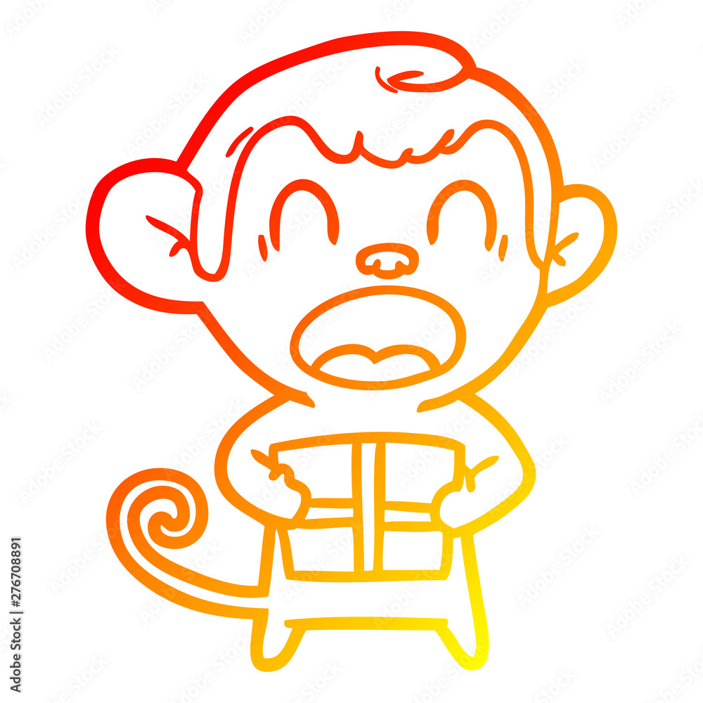 Obraz premium warm gradient line drawing shouting cartoon monkey carrying christmas gift