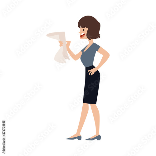 Nervous angry woman is stressful, clutching a document in her hands, cursing and screaming.