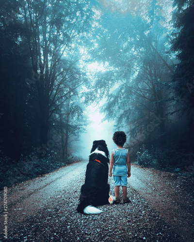 boy and dog walking in forest