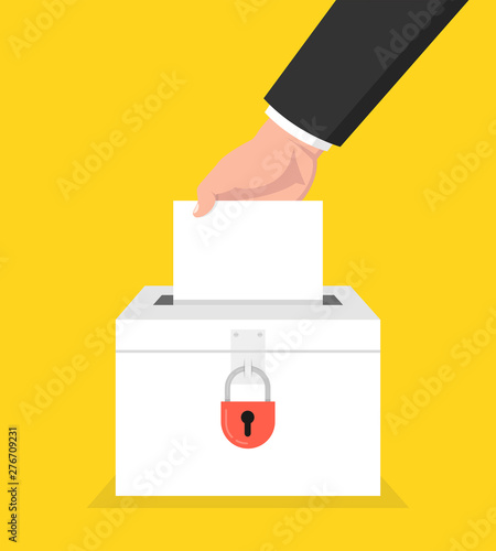 Election day concept. Hand putting voting paper in the ballot box with lock. Vector illustration.