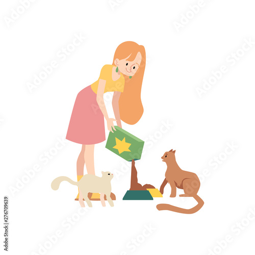Woman stands pouring cat food from box to bowl to feed her pets cartoon style