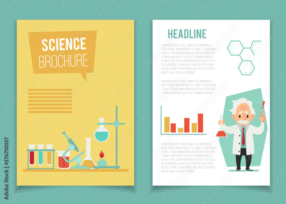 Brochure template with scientist and chemical equipment flat cartoon style