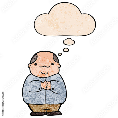 cartoon balding man and thought bubble in grunge texture pattern style