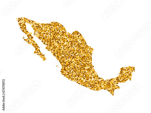 Vector isolated illustration with simplified Mexico map. Decorated by shiny gold glitter texture. Christmas and New Year holidays' decoration for greeting card