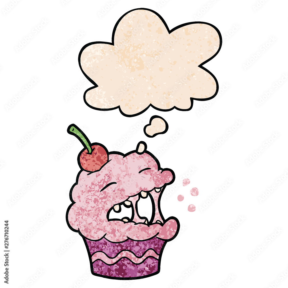 cartoon cupcake and thought bubble in grunge texture pattern style cartoon cupcake and thought bubble in grunge texture pattern style