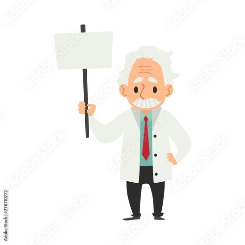An old man with a mustache, a scientist and a professor or doctor with a blank sign in his hand