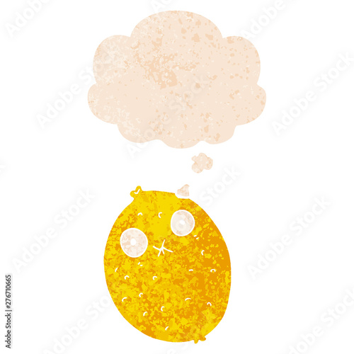 cartoon bitter lemon and thought bubble in retro textured style