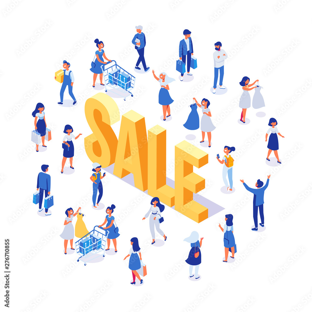 Isometric People vector set. Customers, buyers with shopping bags and shopping cart. Big sale. Supermarket. Flat vector characters isolated on white Isometric People vector set. Customers, buyers with shopping bags and shopping cart. Big sale. Supermarket. Flat vector characters isolated on white