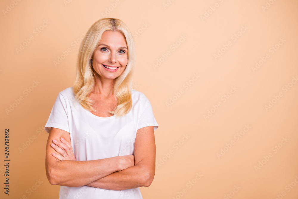 Photo of middle age lady pretty smiling neat appearance boss