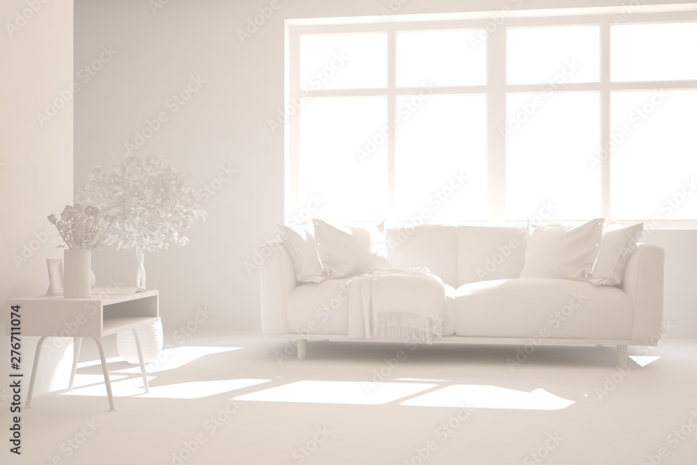 Fototapeta premium Mock up of stylish room in white color with sofa. Scandinavian interior design. 3D illustration