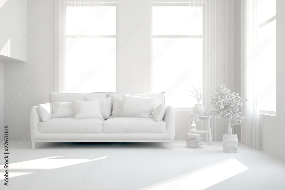 Fototapeta premium Mock up of stylish room in white color with sofa. Scandinavian interior design. 3D illustration