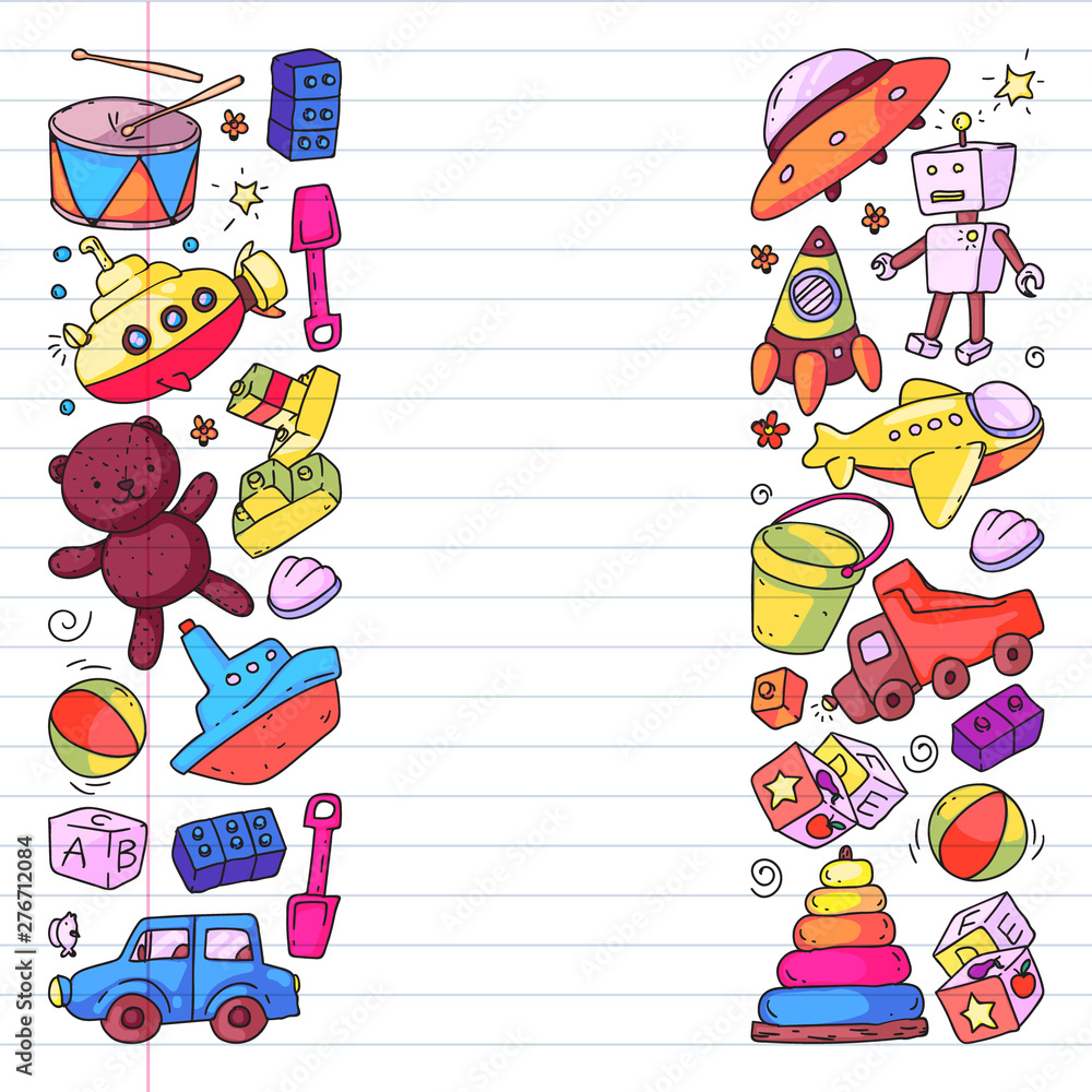 Fototapeta premium Vector pattern with kindergarten, toy children. Happy children illustration. Drawing on exercise notebook.