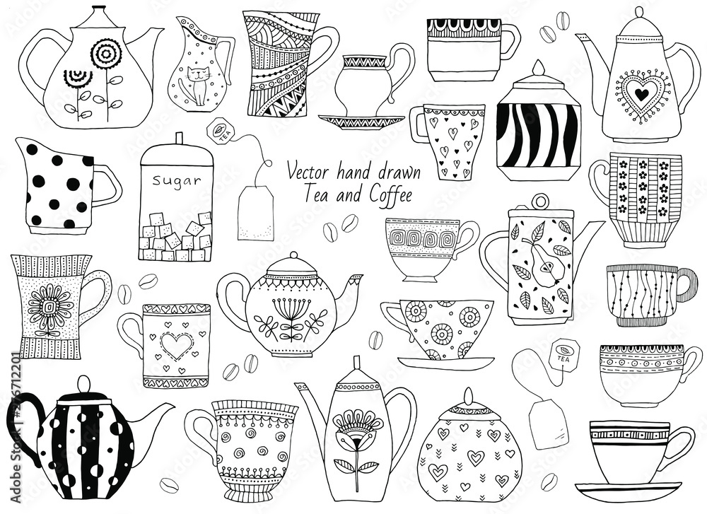 Hand drawn teapot and cup collection. Doodle tea cups, coffee cups and teapots isolated on white background. 