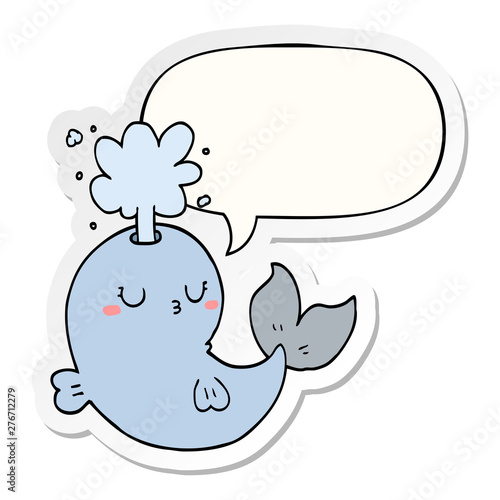 cartoon whale spouting water and speech bubble sticker