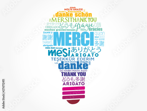 Merci (Thank You in French) light bulb word cloud in different languages