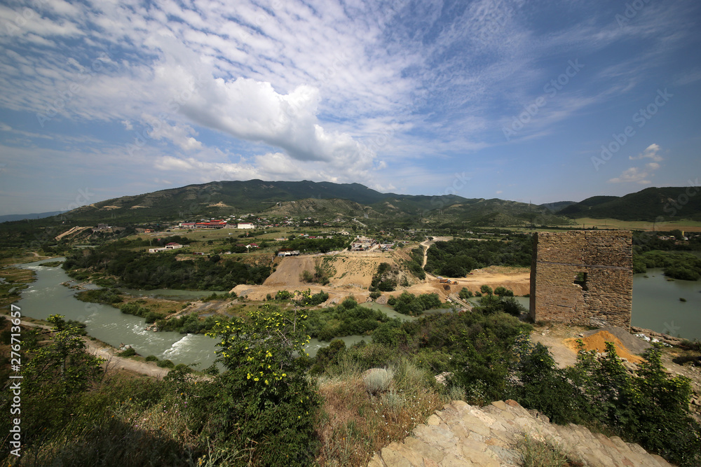 Ruins of the fortress of Bebriscic of the IX century and a view of the Aragvi River.