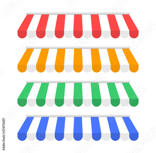 Set of striped awnings. Collection colored awnings. Store roof.
